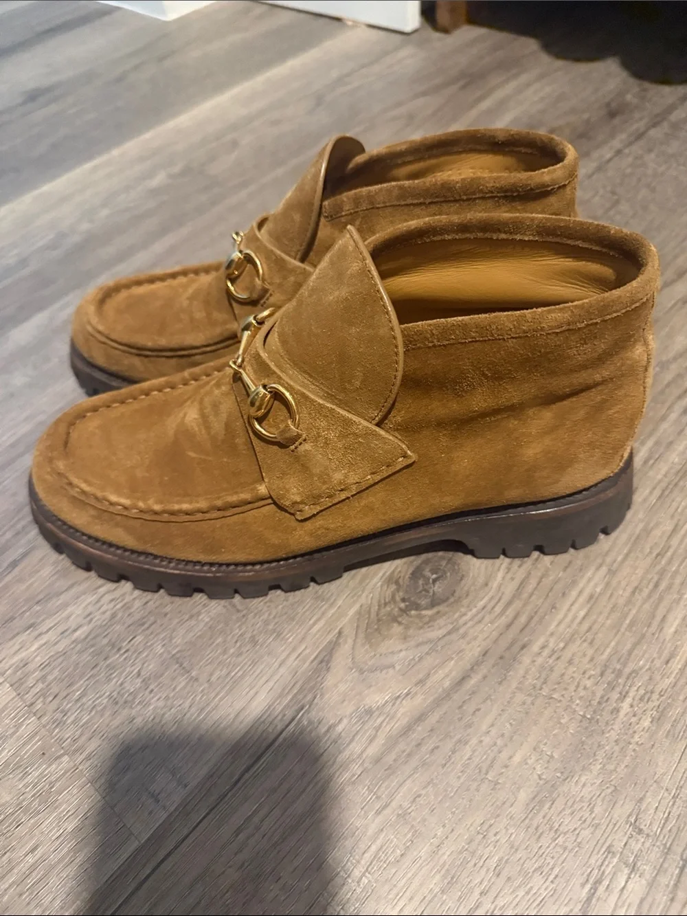 Gucci Men's Suede Loafers in Brown with Gold Bit